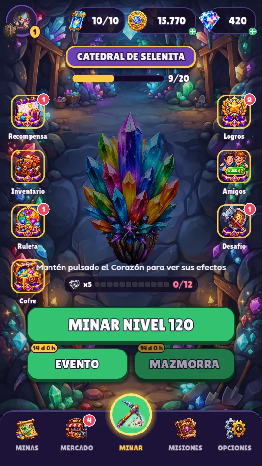 Home: your mine, the Triodyte Heart, Event and Dungeon
