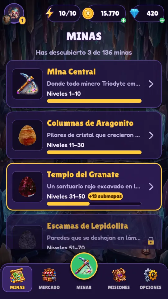 Mines: 200+ maps, each with its own gem